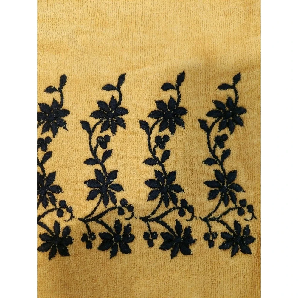 Vintage Dundee Bath Towel Yellow Black Floral Embroidered 100% Cotton Retro MCM